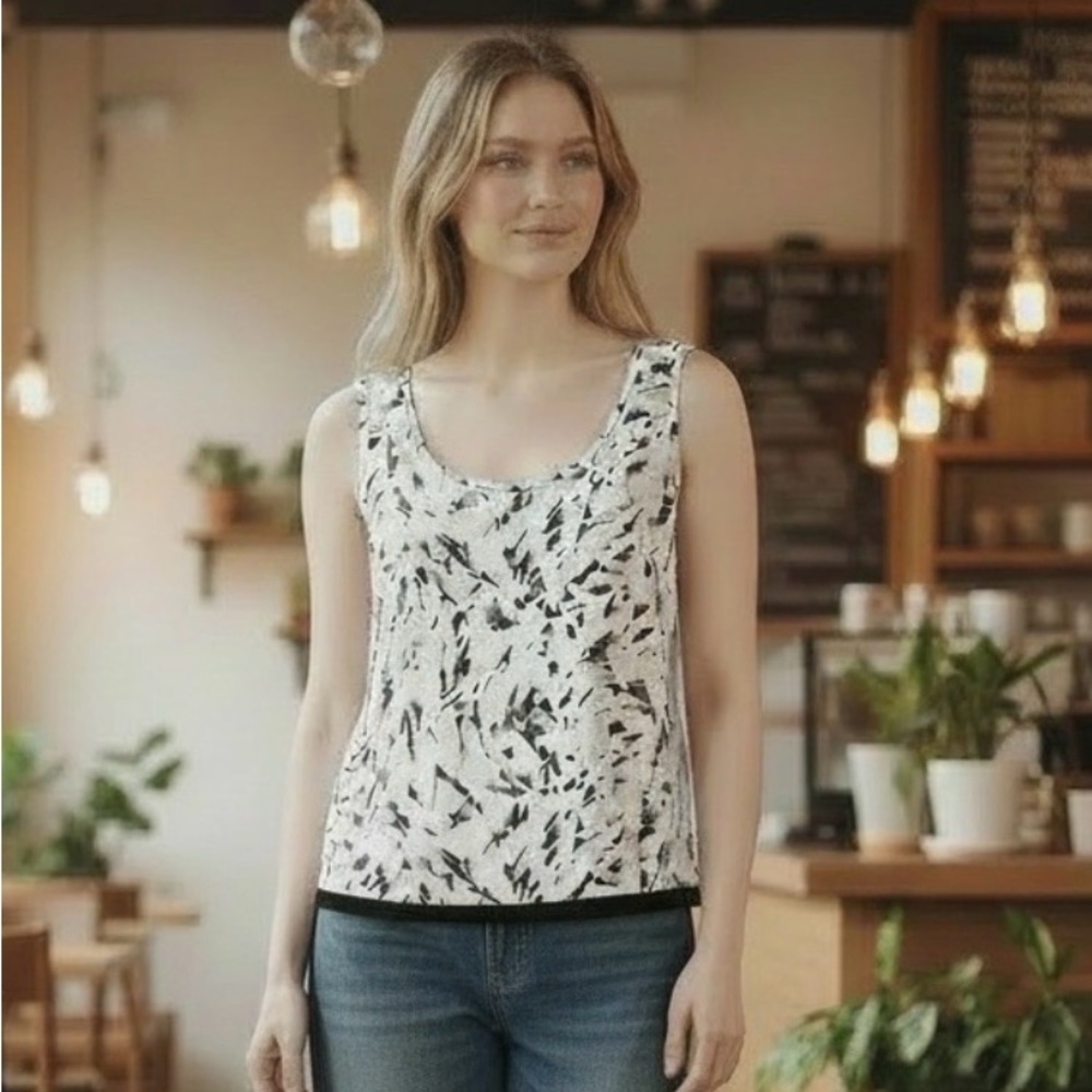 Saks Fifth Avenue Red Label Black and White Abstract Print Sleeveless Top